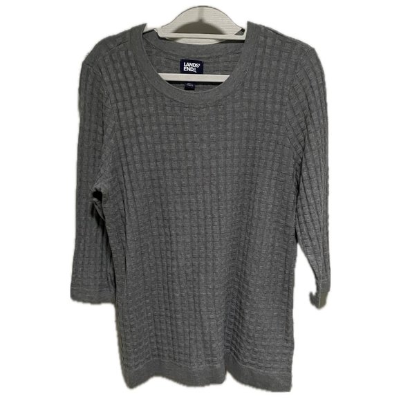 LANDS END Gray Waffle Knit 3/4 Sleeve Sweater Size L (14-16) - Picture 1 of 6